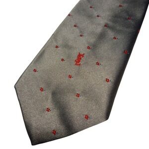Yves Saint Laurent Mens Silk Tie Charcoal Grey Red Floral Embroidered YSL Logo